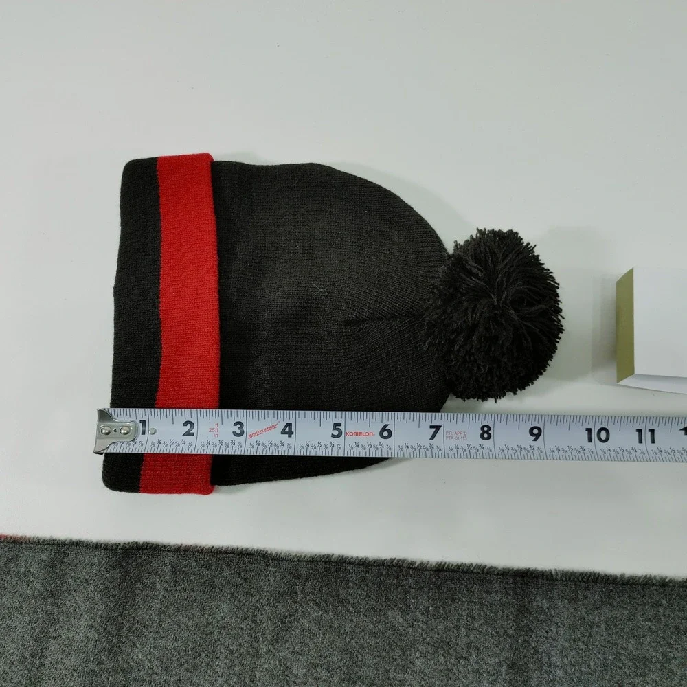 Goodfellow Co Mens Knit Beanie Hat and Scarf Set Black Red‎ Stripe Pom Pom